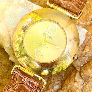 Lucien Picard/Dufonte 1980s Gemmed Dial Large Gold Tone/Brown Leather Watch